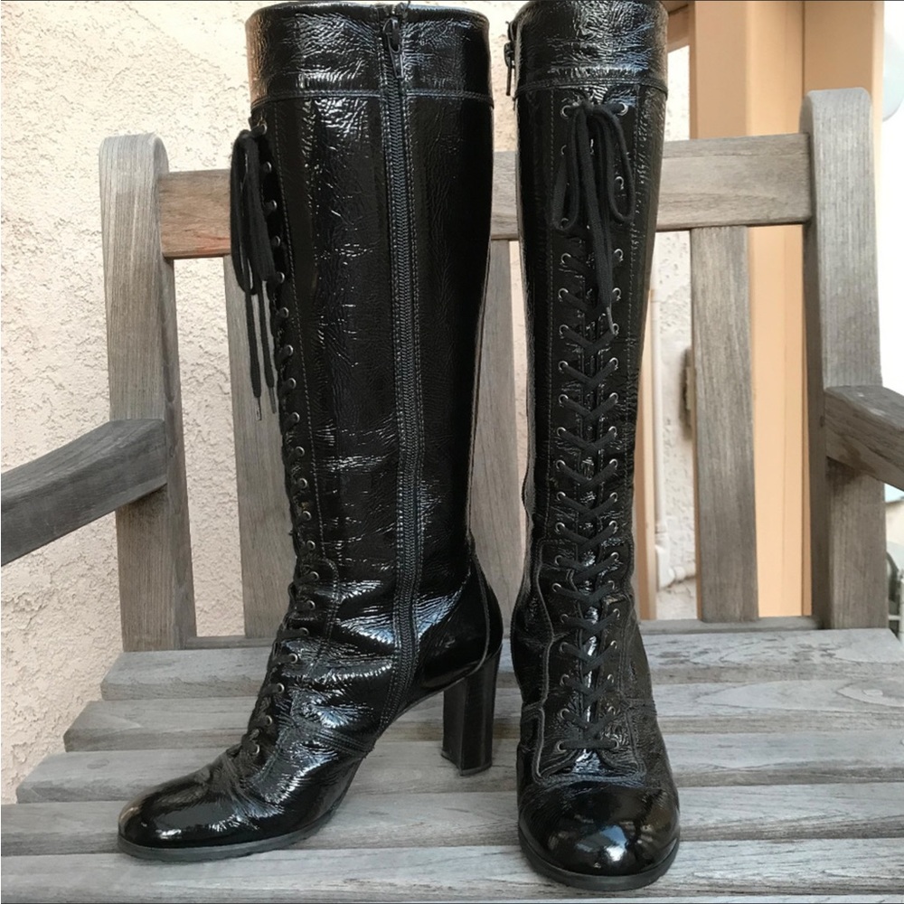 Stuart Weitzman Black Patent Leather Lace-Up Knee Boots